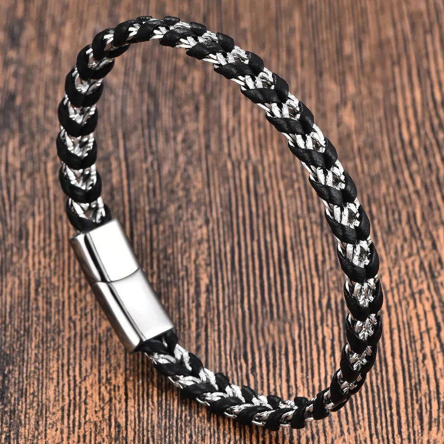 Retro Punk Geometric 316L Stainless Steel  Pu Leather Polishing Men's Bracelets Men Cord & Leather Bracelets