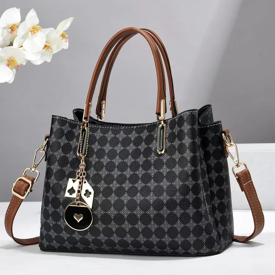 Women's Pu Leather Monogram Classic Style Sewing Thread Bucket Zipper Handbag