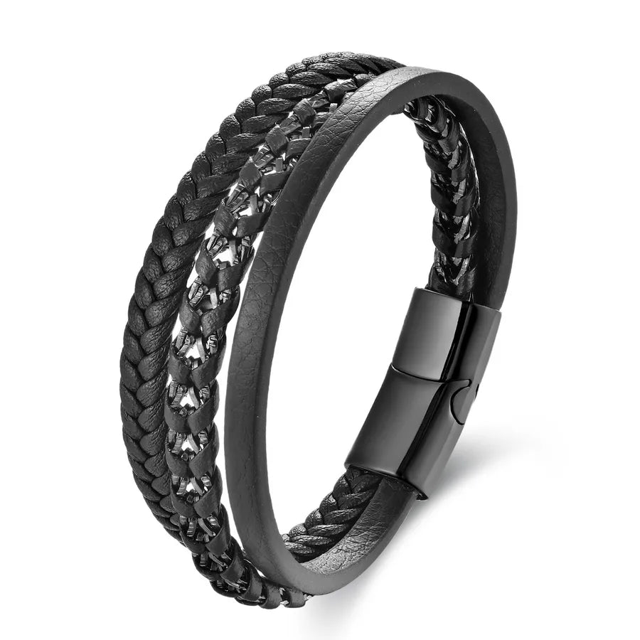 Retro Punk Geometric 316L Stainless Steel  Pu Leather Polishing Men's Bracelets Men Cord & Leather Bracelets