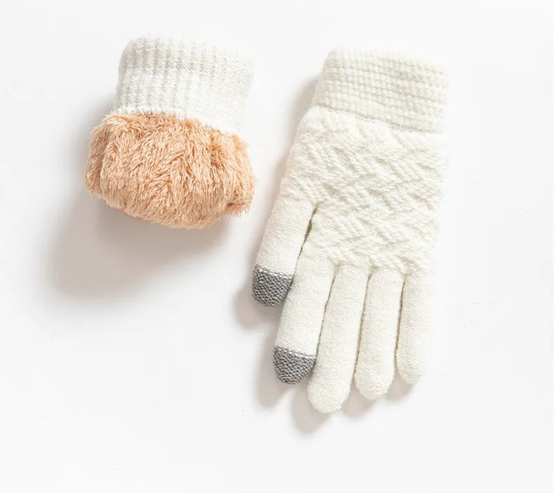 Thickened Double Layer Knitted Polar Fleece Touchscreen Gloves Men Women Outdoor Warm Windproof Winter Gloves Basic Style