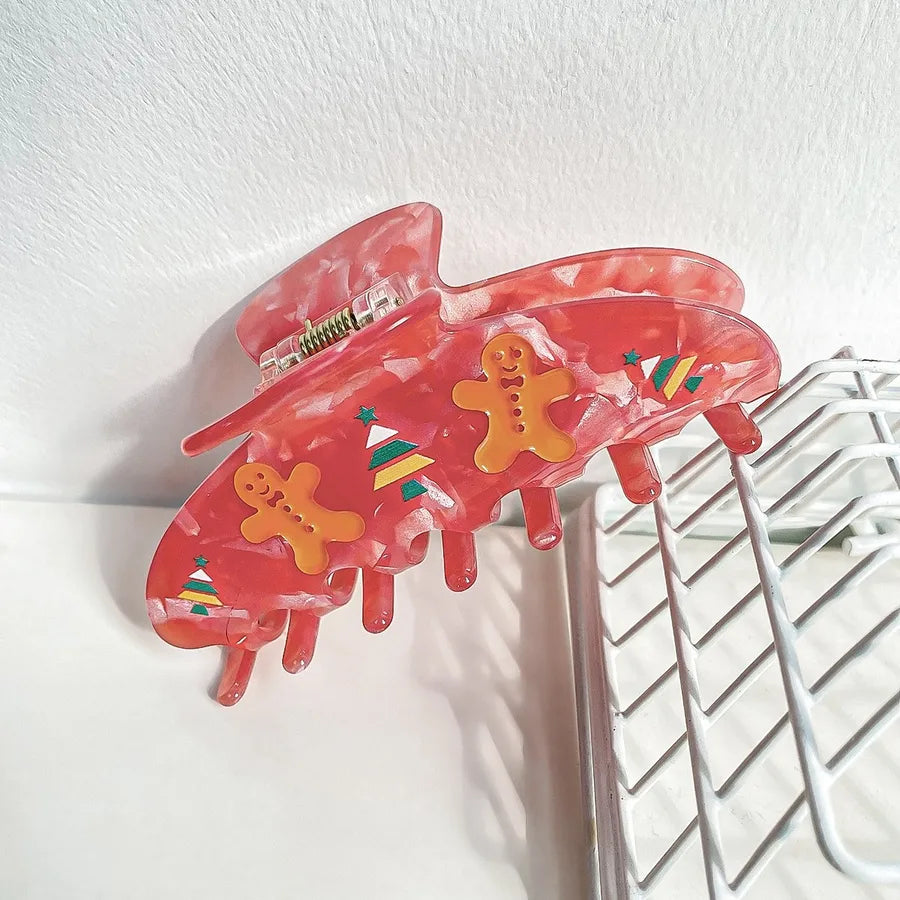 Christmas Cartoon Gingerbread Man Shark Hair Clip Women's Fashionable Festive Acrylic Hair Accessories Ice Crystal Flower Pattern