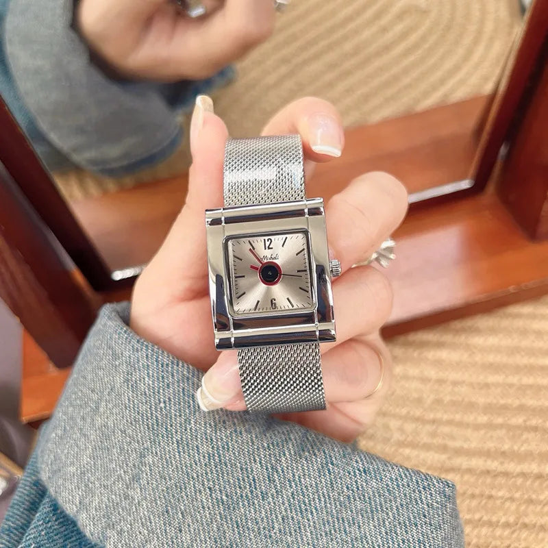 Fashionable Leopard Print Gold Tone Quartz Watch For Women Stylish Milisha Square Face Stainless Steel Band Trendy Accessory