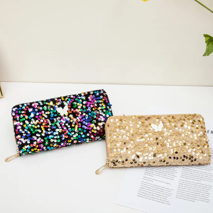 Ladies Glitter Clutch Bag Simple Butterfly Decoration Long Wallet Coin Purse Fashionable Elegant Square Shape Sparkling Bag