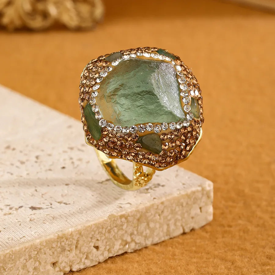 Elegant Vacation Handmade Irregular natural stone Crystal Copper Asymmetrical Irregular Natural Stone Crystal 14K Gold Plated Women's Open Rings