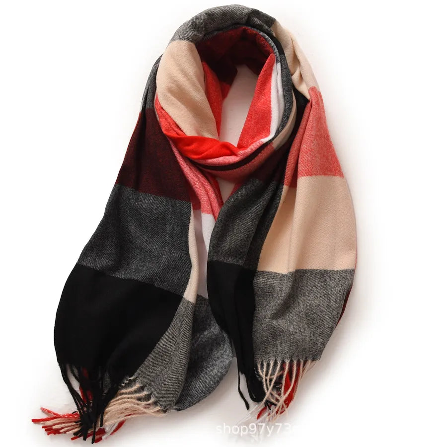 women's retro plaid imitation cashmere tassel winter scarves