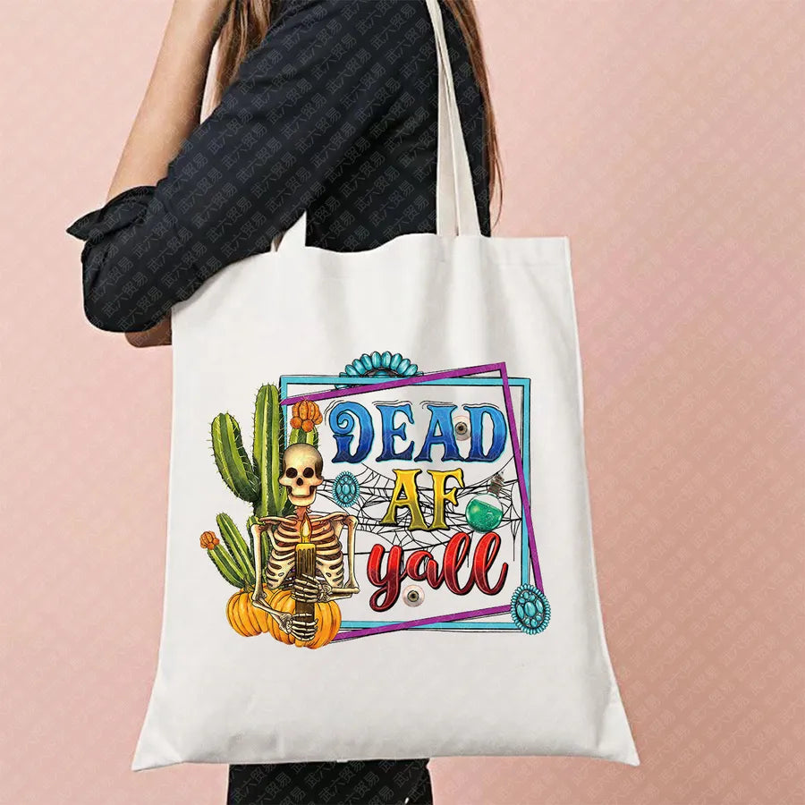 Scary Cat Halloween Pumpkin Pattern Canvas Tote Bag Reusable Shopping Bag Large Square Shape Double Shoulder Strap Tote Bag