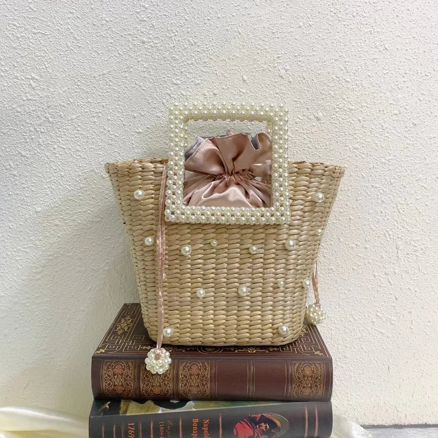 Women's Straw Flower Vacation Beading Pearls Weave Bucket String Handbag