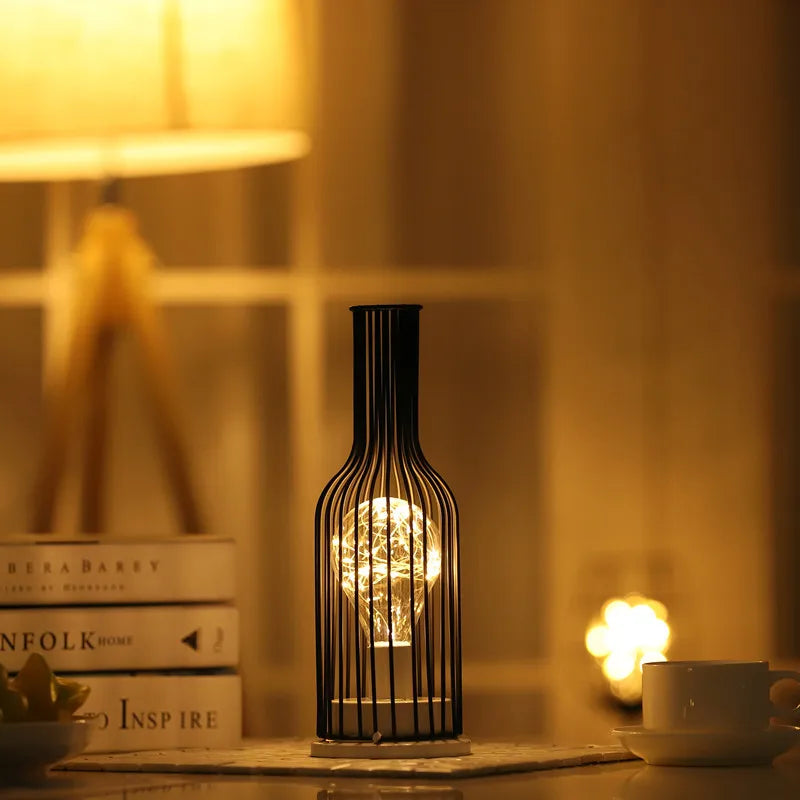 Lantern Night Light Iron Art Wine Bottle Decorative Light Girl Heart LED Decorative Lamp Abstract Pattern Wine Cup Decoration