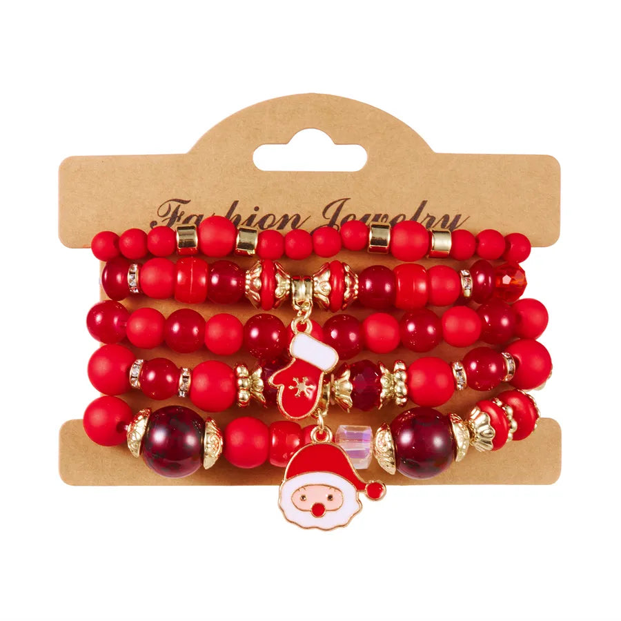 Christmas Theme Acrylic Bracelet Set For Women Elastic Santa Claus And Deer Beads Colorful Holiday Hand Chain Jewelry