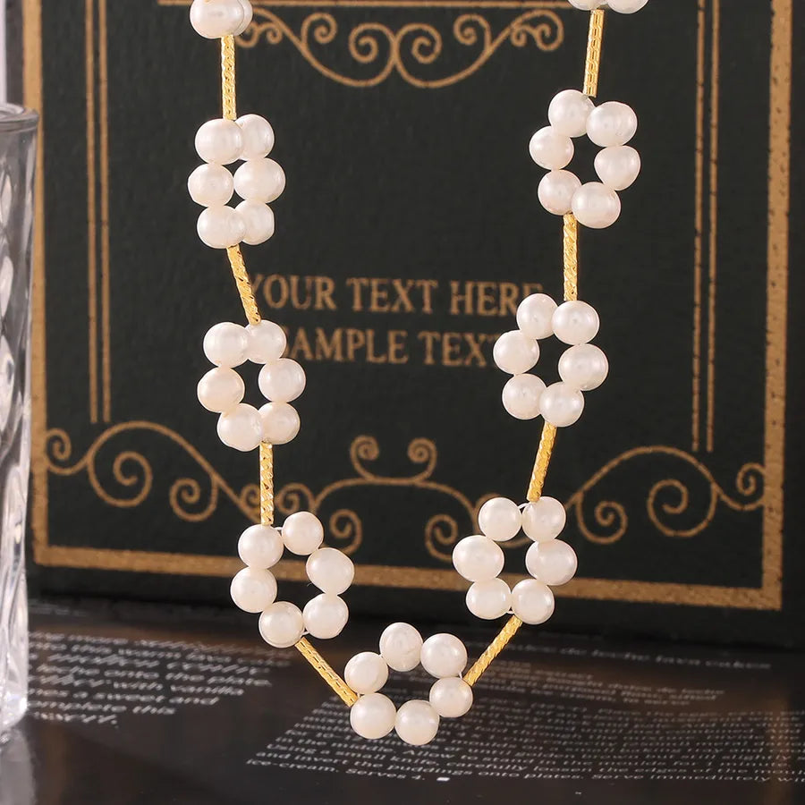 Freshwater Pearl Titanium Steel Ion Plating (IP) Flower Necklace