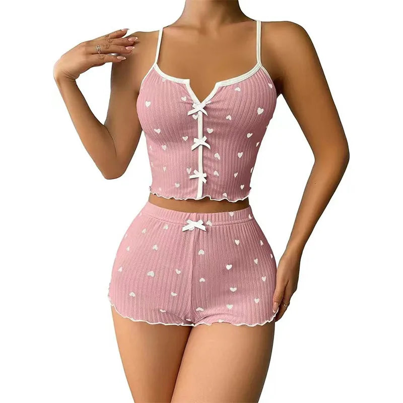 New Product Heart-shaped Printed Contrast Home Clothes Front Split Sling Pajamas suit
