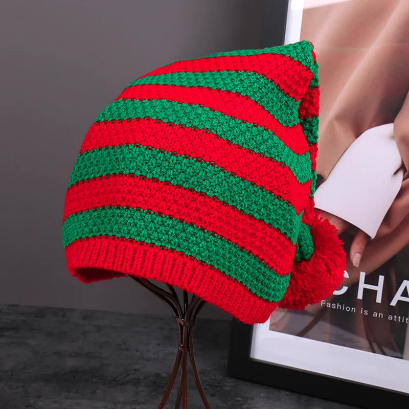 Red Christmas Festival Knitted Wool Hat Autumn and Winter Fur Ball Striped Parent-Child Warm Christmas Gift Knitted Hat
