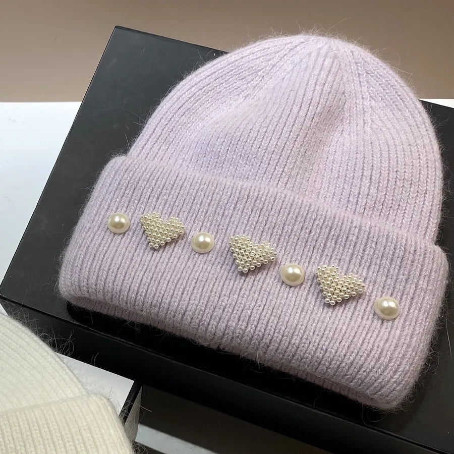 women's sweet heart shape pearl eaveless wool cap