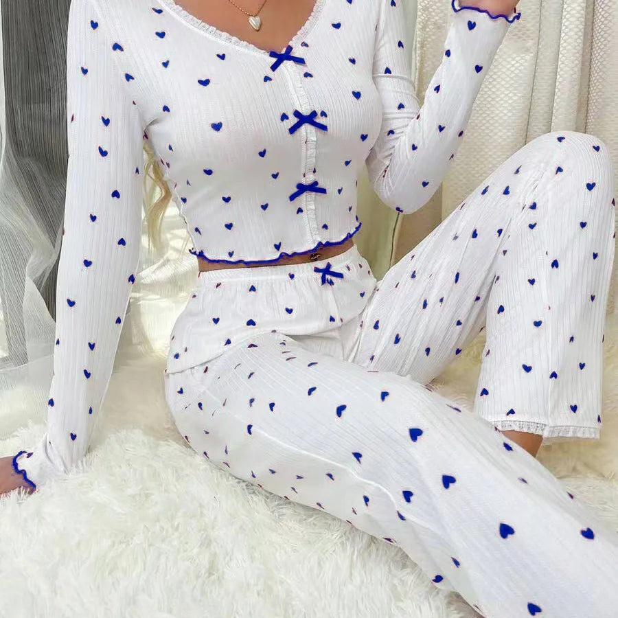 Home Women's Casual Heart Shape Bow Knot Spandex Polyester Pants Sets Pajama Sets
