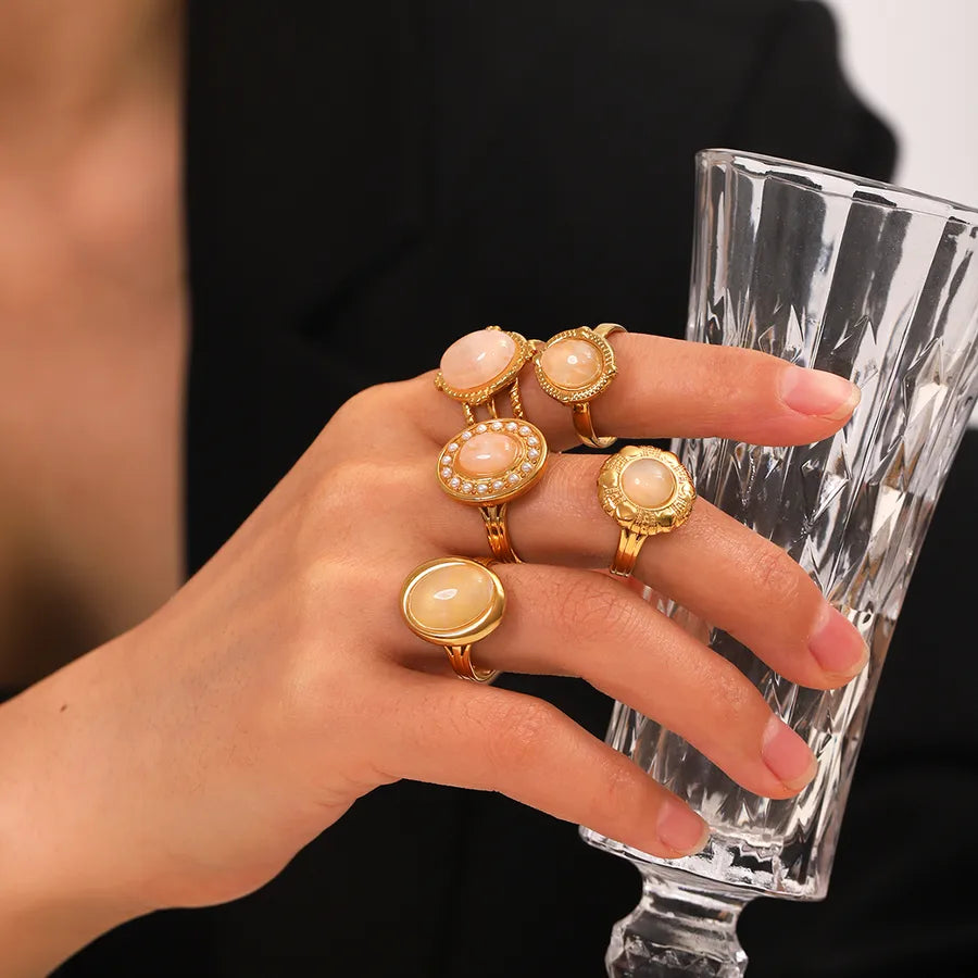 Wholesale Jewelry Casual Commute Shiny Round 304 Stainless Steel Crystal Pearl 18K Gold Plated Open Rings Rings