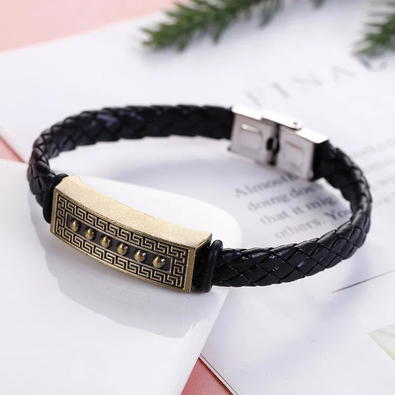 Business Hip-Hop Solid Color 304 Stainless Steel Pu Leather Alloy Men's Bangle Men Cord & Leather Bracelets