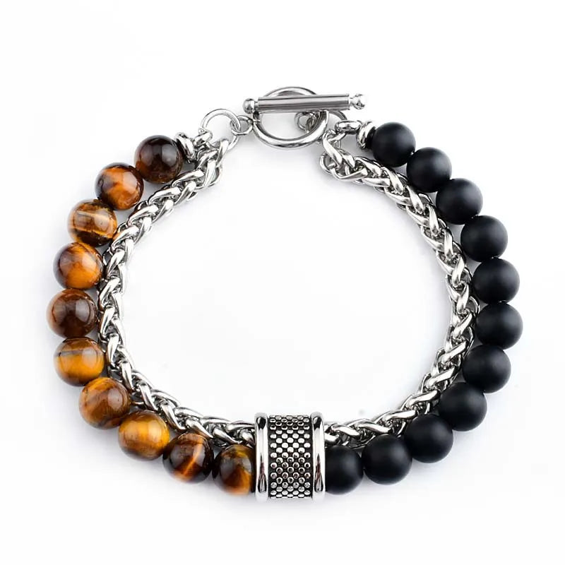 casual simple style round stainless steel stone beaded chain men's bracelets