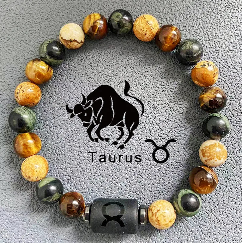 Twelve Constellation Natural Stone Beads Bracelet Hot Selling Tiger Eye Stone Picture Stone Mix and Match Couple Beads Bracelet
