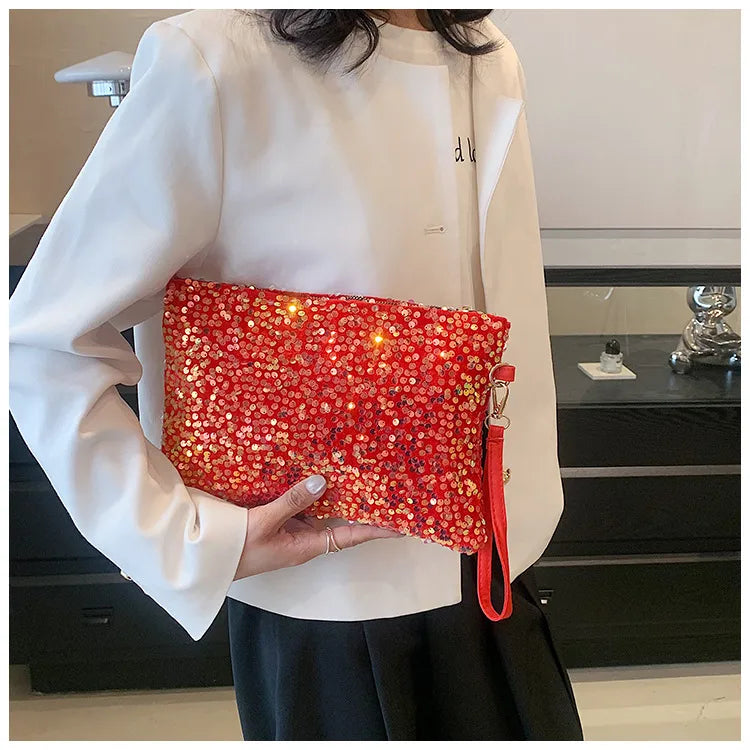 Women's Sequin Solid Color Elegant Square Zipper Clutch Bag