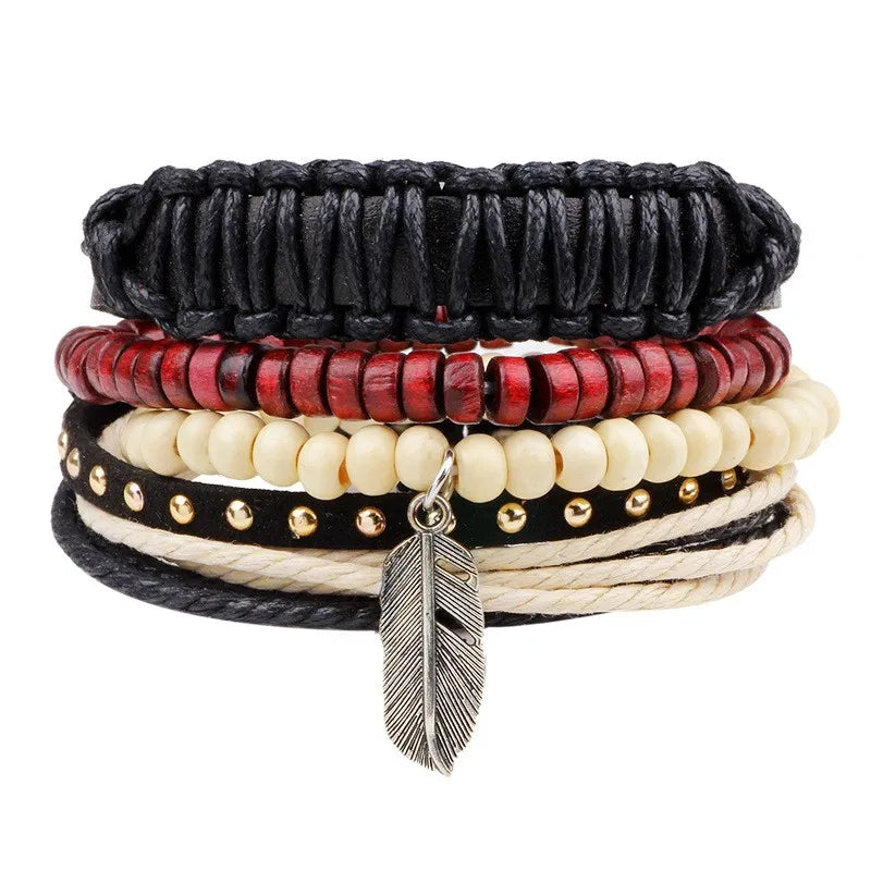 casual letter feather wings pu leather alloy beaded patchwork men's bracelets