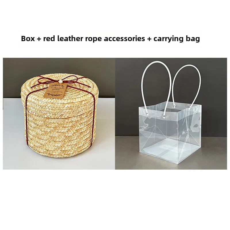Round Straw Box with Lid Hug Bucket Rattan Hand Gift Box Baking Wedding  Storage Handmade Woven Box