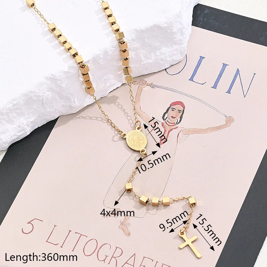Wholesale Jewelry Casual Vintage Style Classic Style Cross Saint Benedict Square 304 Stainless Steel 18K Gold Plated Beaded Polishing Plating Sweater Chain Long Necklace Necklace