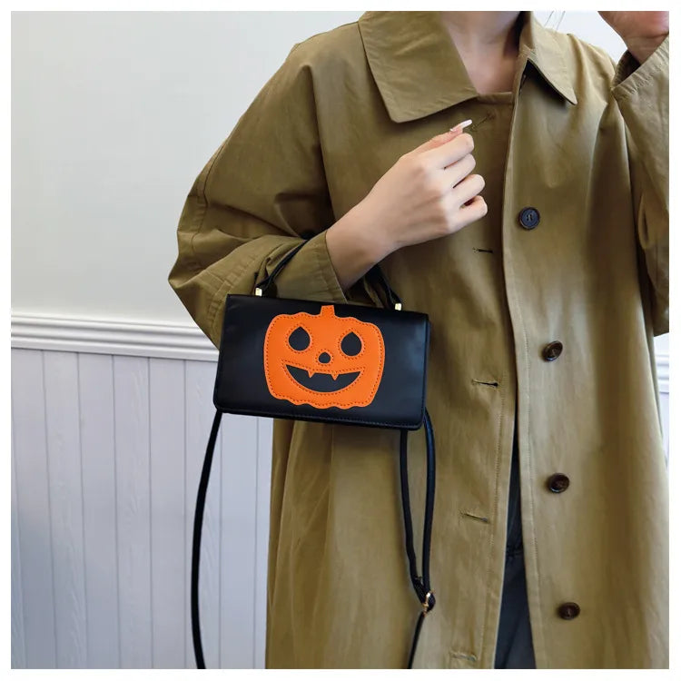 Halloween Themed Shoulder Crossbody Bag For Women Small Square Pumpkin Smile Face Bag Teenage Girl Heart Street Style Bag