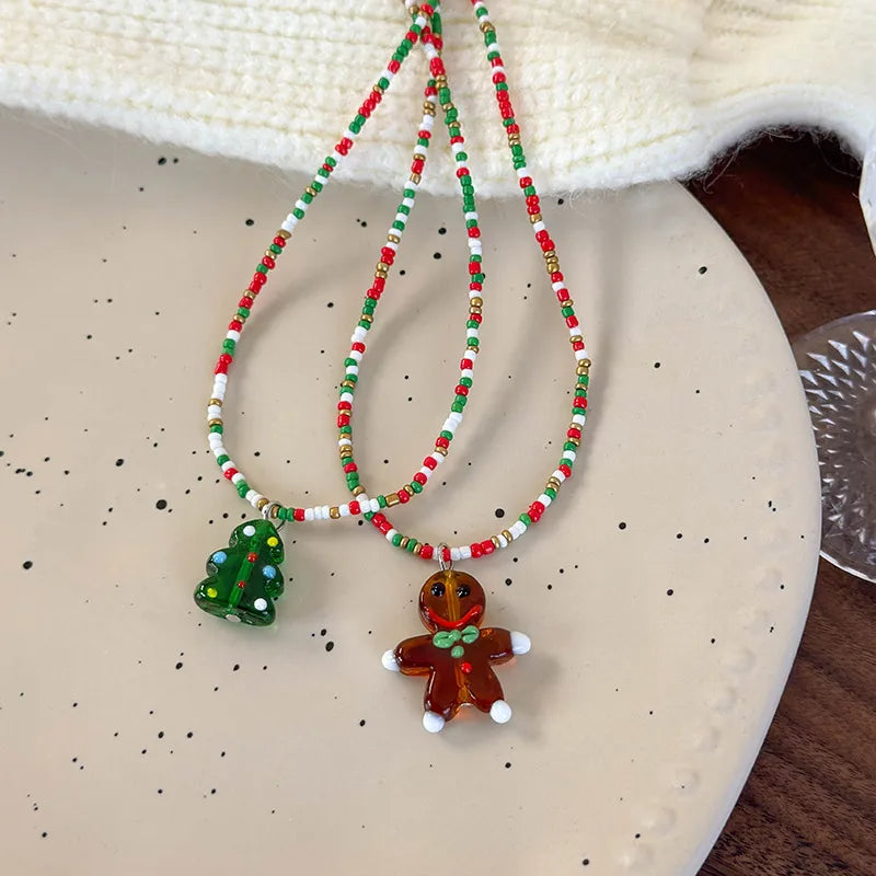 Sweet Christmas Atmosphere Necklace Cute Cartoon Colorful Beads Christmas Tree Gingerbread Man Beads Clavicle Chain Resin Material