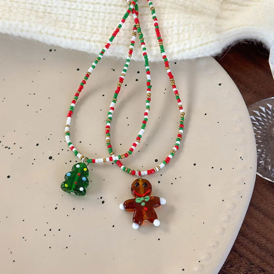 Sweet Christmas Atmosphere Necklace Cute Cartoon Colorful Beads Christmas Tree Gingerbread Man Beads Clavicle Chain Resin Material