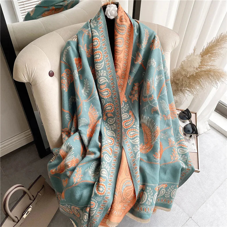women's retro color block imitation cashmere printing scarf