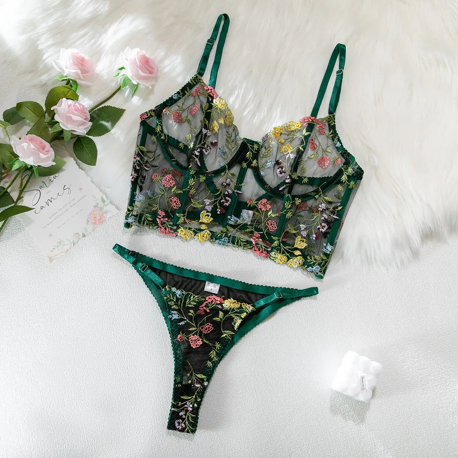 women's sexy flower sexy lingerie sets party embroidery underwire bra low waist thong sexy lingerie