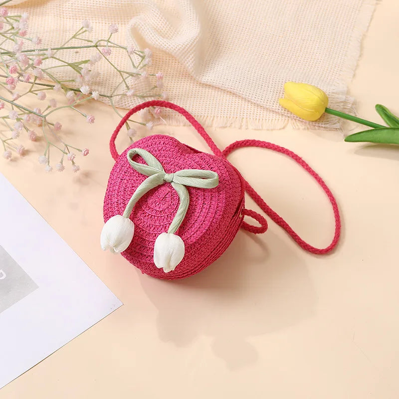 Summer Beach Seaside Tulip Straw Woven Bag  New Children Flower Straw Bag Mobile Phone Crossbody Bag