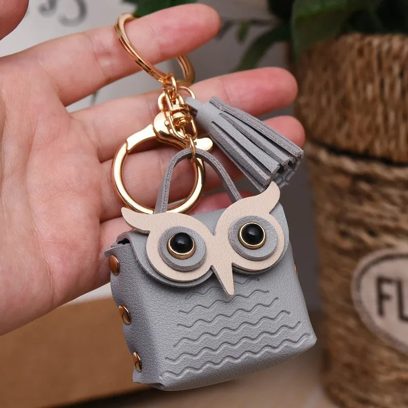 cartoon style owl pu leather metal unisex bag pendant keychain