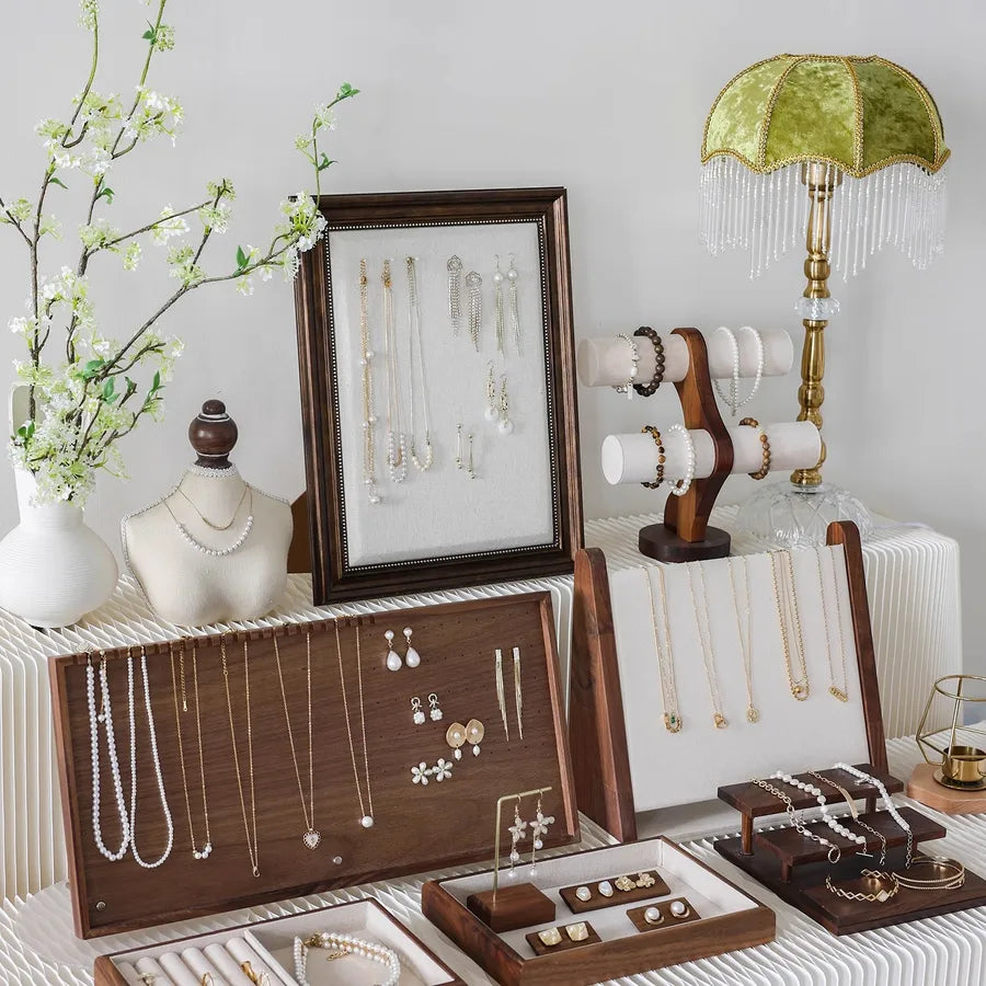 Retro Walnut Color Jewelry Display Stand Ring Earring Necklace Stall Jewelry Accessories Display Plate Shop Counter Top