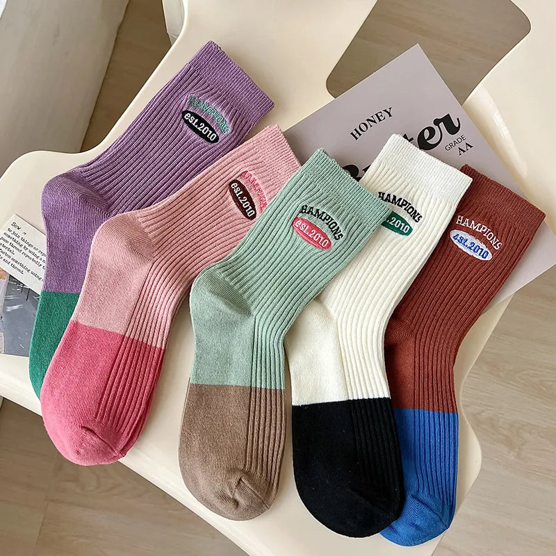 women's lady sweet color block cotton crew socks a pair