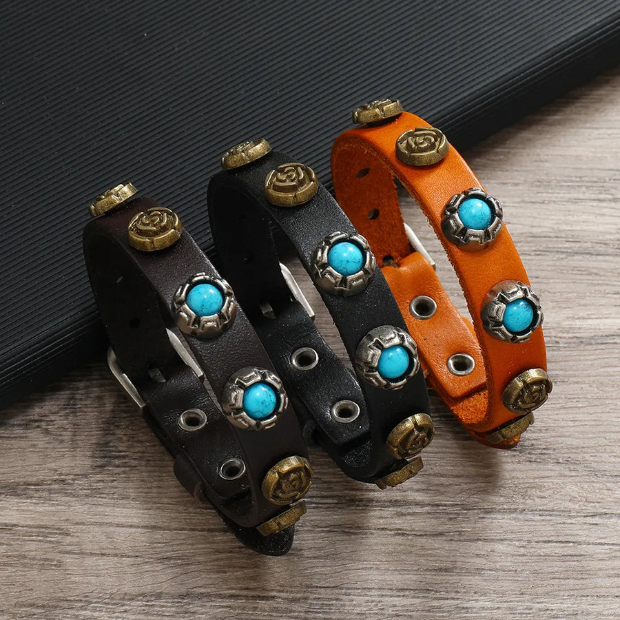 Retro Simple Style Flower Pu Leather Inlay Turquoise Unisex Bangle