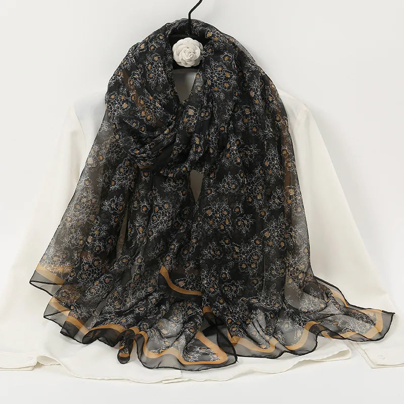 women's elegant lady color block high quality yarn printing silk scarf