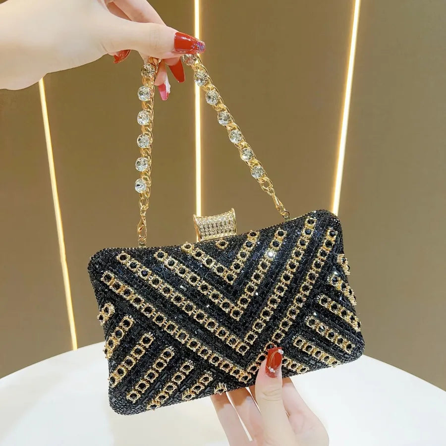 New Evening Gown Diamond Clutch Bag Single Shoulder Crossbody Women's Handbag Pillow Shape Polyester Striped Pattern
