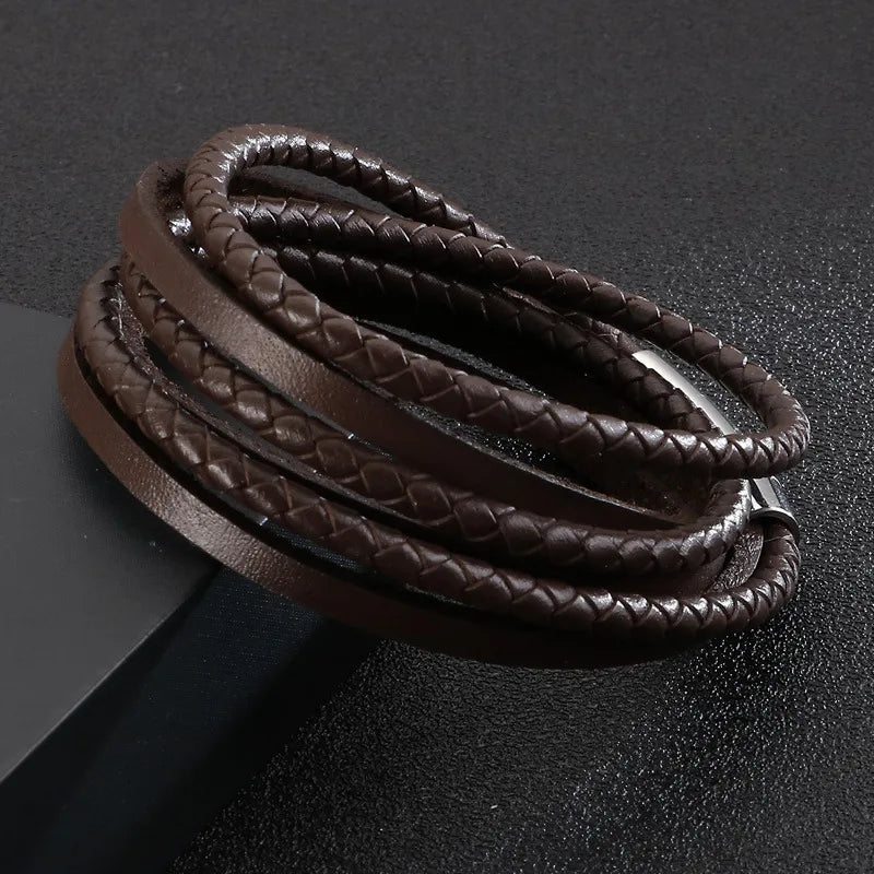 Hip-Hop Retro Geometric Stainless Steel Leather Braid Men's wristband