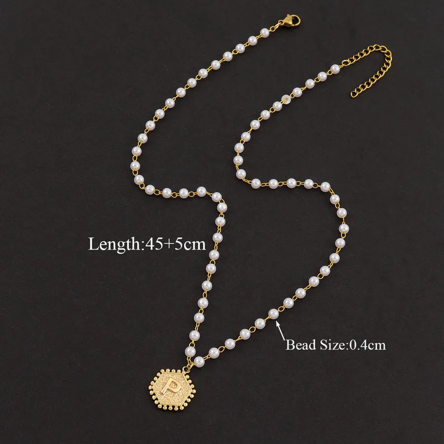 Elegant Simple Style Classic Style Hexagon Letter 304 Stainless Steel Imitation Pearl Beaded Necklaces Wholesale