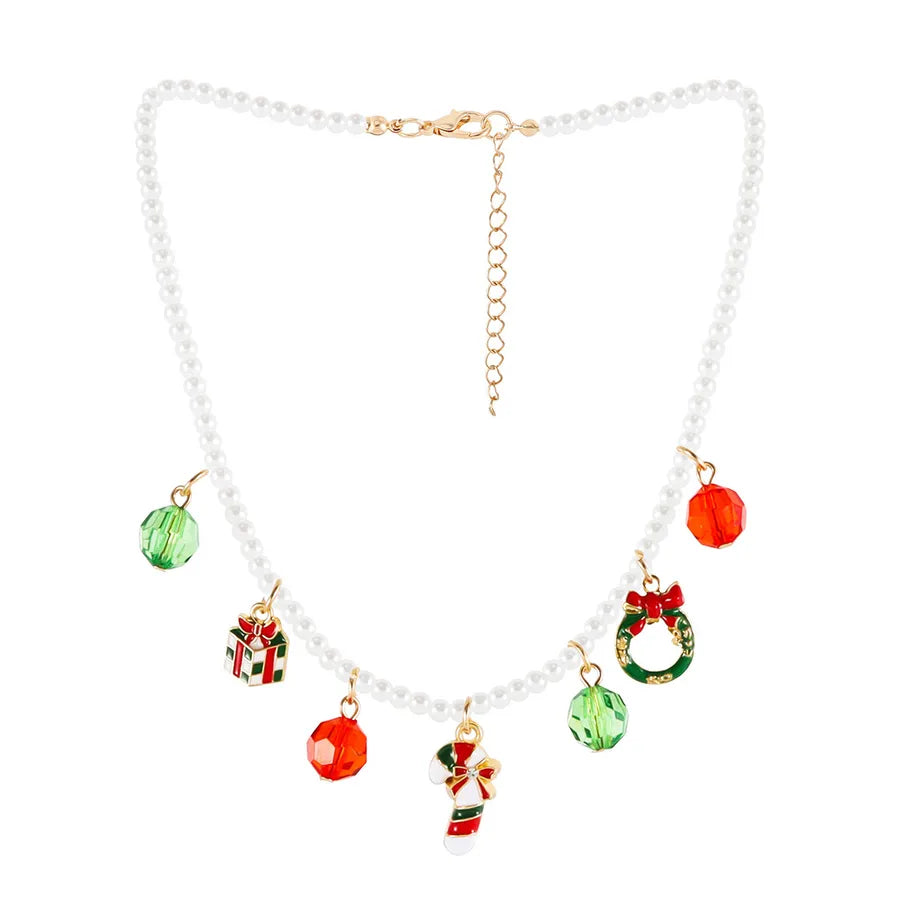 Christmas Cartoon Colorful Red And Green Bell Necklace Festive Christmas Socks Pendant Snowflake Design Women's Jewelry Accessory
