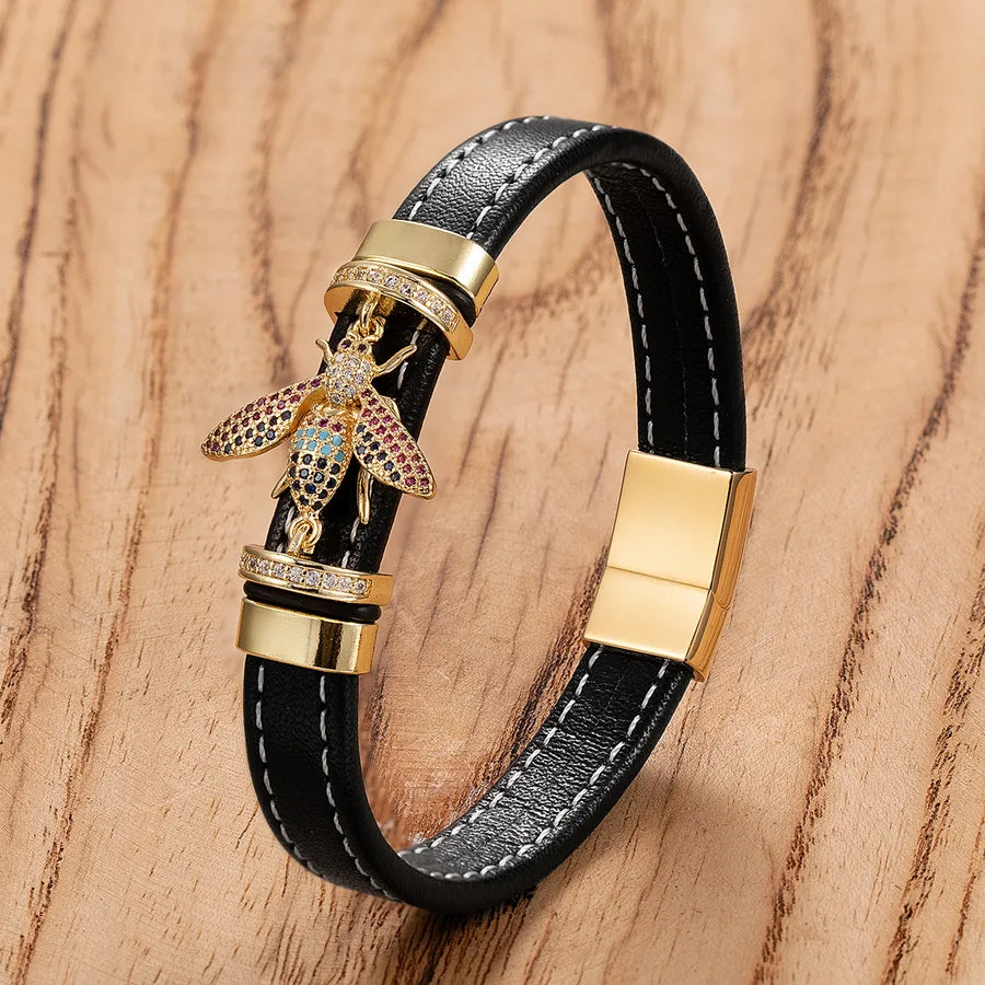 Retro Simple Style Classic Style Pineapple Bee 304 Stainless Steel Leather rope Metal Unisex Bracelets Men Cord & Leather Bracelets