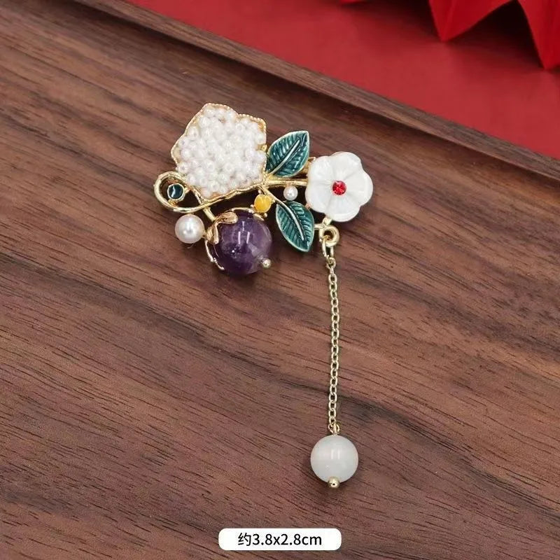 Green Chinese Style Brooch Pin Vintage High-End Tassel Creative Versatile Hanfu Cheongsam Embroidery Zinc Alloy Jewelry Accessory