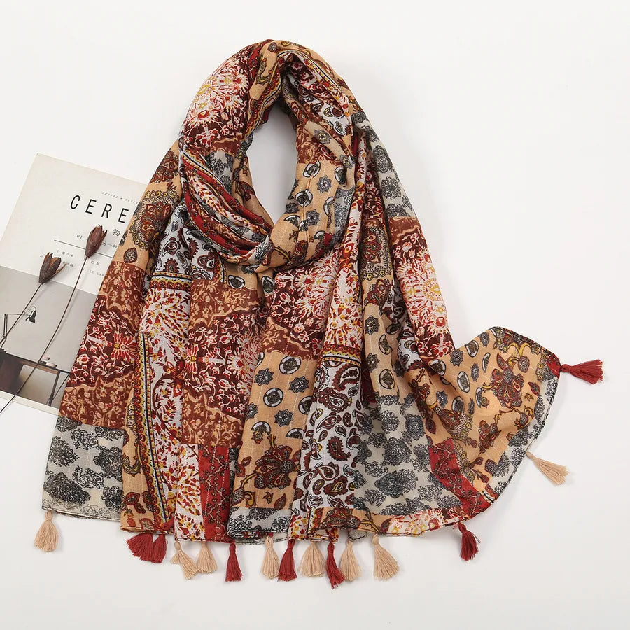 women's retro color block polyester printing scarf
