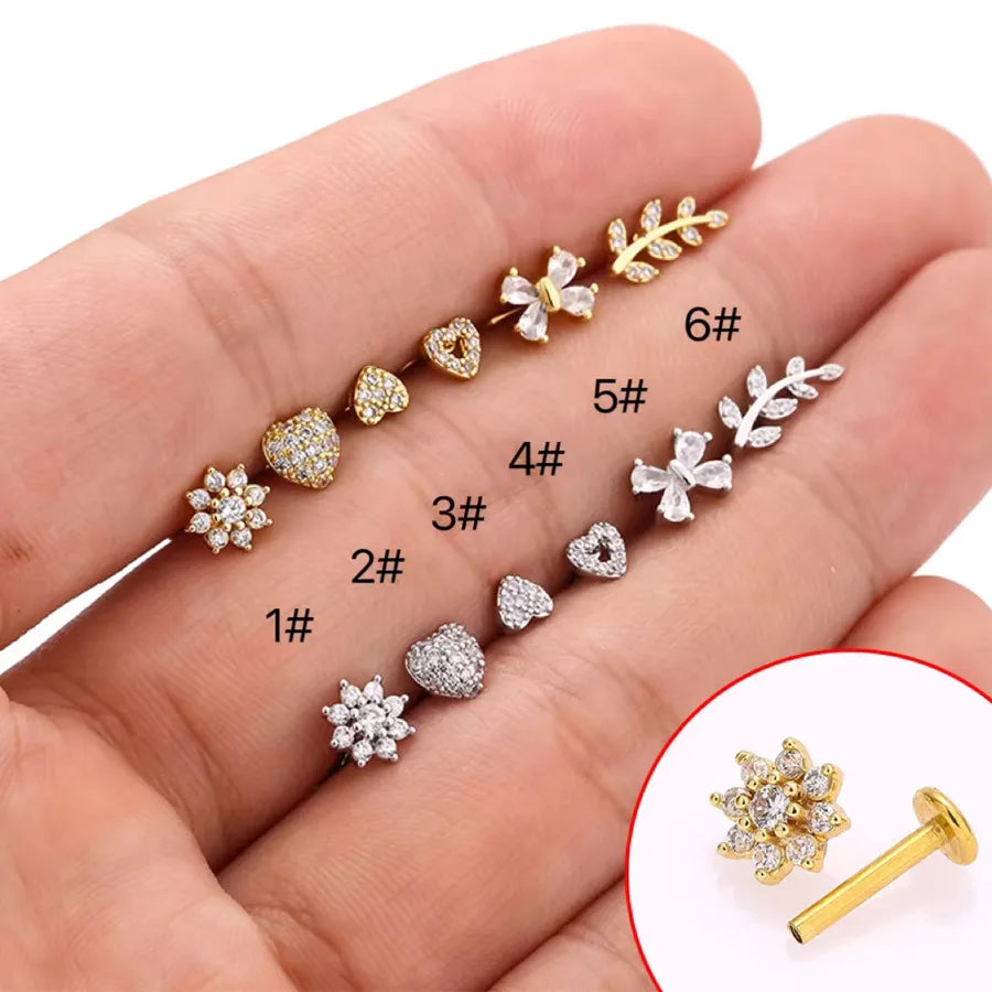 1 Piece Lip Rings Simple Style Commute Leaves Heart Shape Flower 316L Stainless Steel  Inlay Zircon 18K Gold Plated Ear Cartilage Rings & Studs