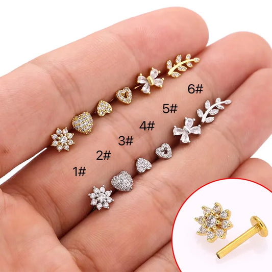 1 Piece Lip Rings Simple Style Commute Leaves Heart Shape Flower 316L Stainless Steel  Inlay Zircon 18K Gold Plated Ear Cartilage Rings & Studs