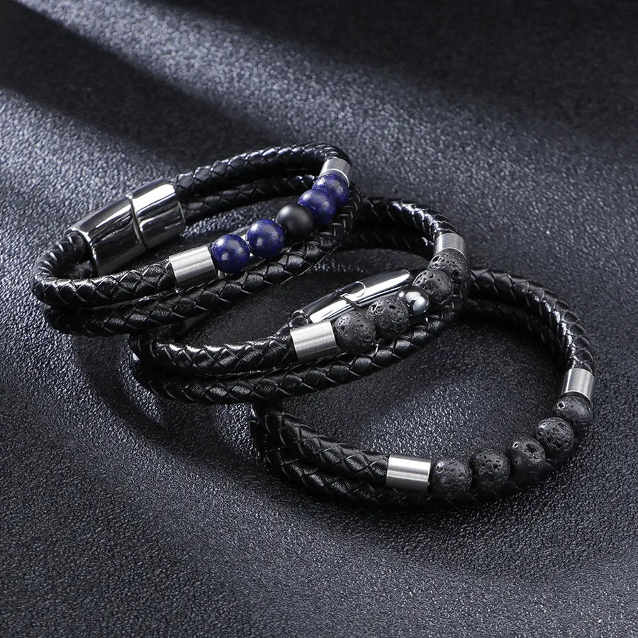 Retro Simple Style Geometric 304 Stainless Steel Cowhide Beaded Layered Stoving Varnish Men's Bangle Men Cord & Leather Bracelets