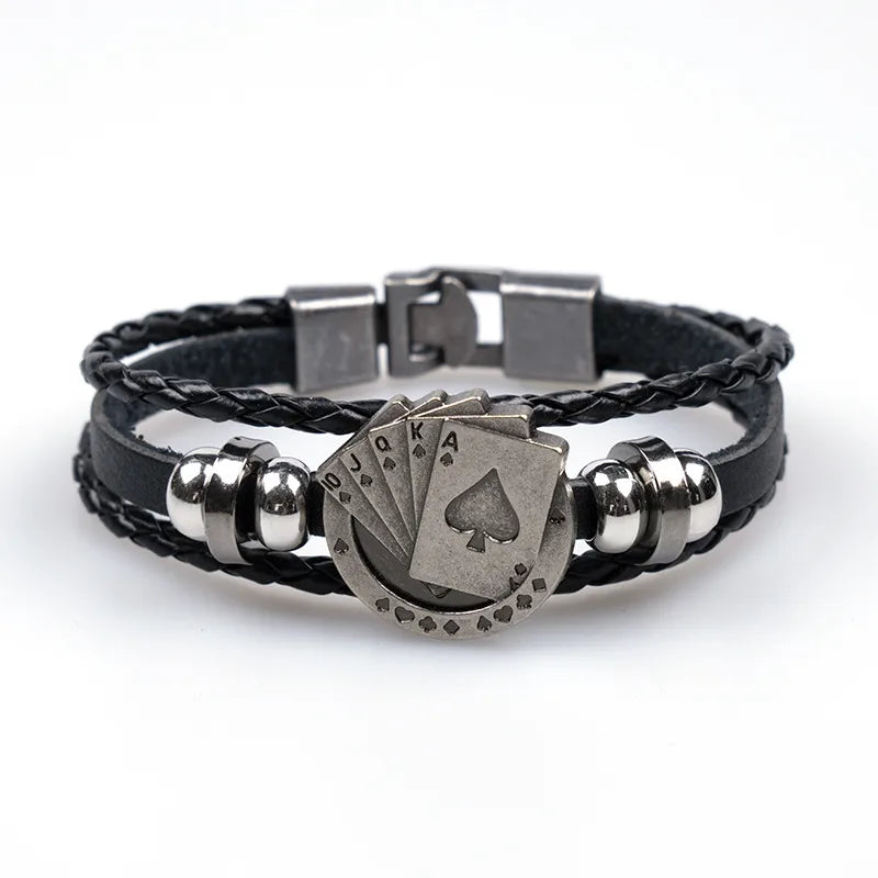 Popular Personalized Playing Cards Men's Beaded a Pair of Buckles Leather Bracelet  Ornament Woven Leather Bracelet
