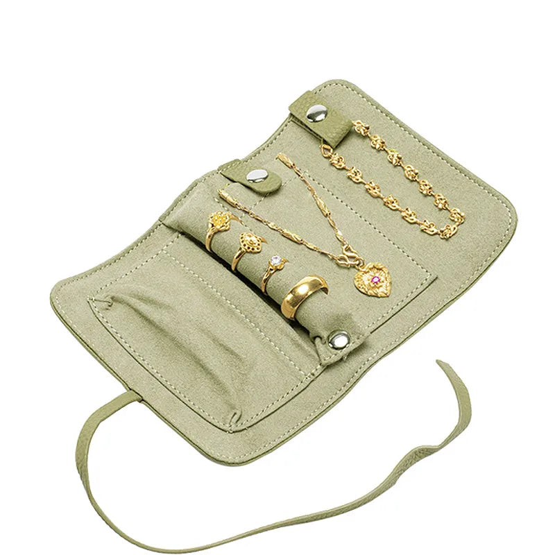 Portable Folding Jewelry Storage Bag Women's Convenient Carry-On Earring Ring Jewelry Roll Bag Leather Pure Color Jewelry Box