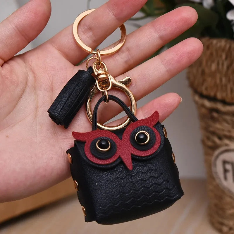 cartoon style owl pu leather metal unisex bag pendant keychain